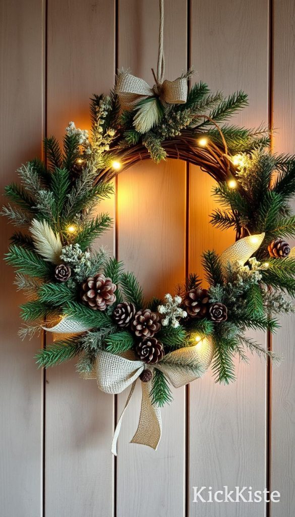 A rustic Christmas wreath crafted from artificial pine branches, sprigs of faux evergreen, and natural pinecones. Soft, warm lighting casts a cozy glow, accentuating the textural details. The wreath is suspended against a backdrop of wooden planks, exuding a charming, handmade aesthetic. Subtle touches of burlap ribbon and jute twine add a touch of Nordic-inspired hygge. This KlickKiste creation embodies the essence of a modern, yet timeless holiday decoration, blending natural and artificial elements seamlessly.