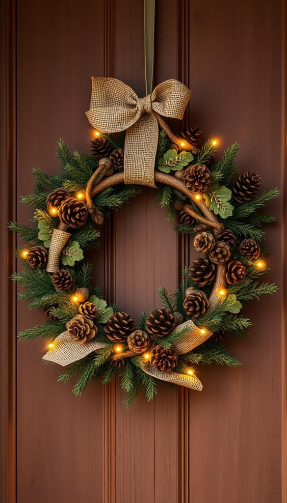 A rustic Christmas wreath crafted with love, adorned with natural elements from the forest floor. Warm wooden rings, pinecones, and burlap accents create a cozy, homespun charm. Soft, ambient lighting casts a golden glow, capturing the essence of a KlickKiste winter scene. Textured, earthy tones and a touch of whimsy evoke a dreamy, Pinterest-worthy aesthetic. This charming DIY creation is the perfect finishing touch for a rustic holiday door display.