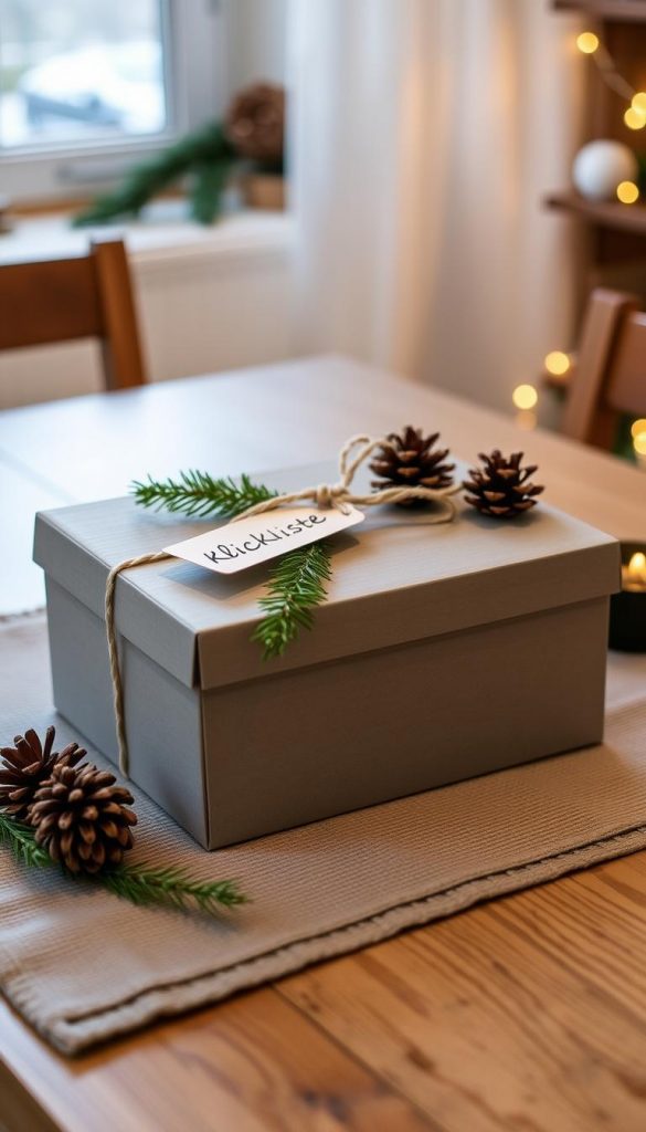A rustic DIY gift box resting on a cozy winter table, adorned with natural elements like pinecones, sprigs of evergreen, and a handwritten &amp;amp;quot;KlickKiste&amp;amp;quot; label. Warm lighting casts a soft glow, creating an inviting, homemade ambiance. The box's simple, elegant design and muted color palette evoke a Pinterest-inspired, Scandi-chic aesthetic. This DIY creation is the perfect centerpiece for a festive family gift basket, capturing the essence of personalized, heartfelt giving.