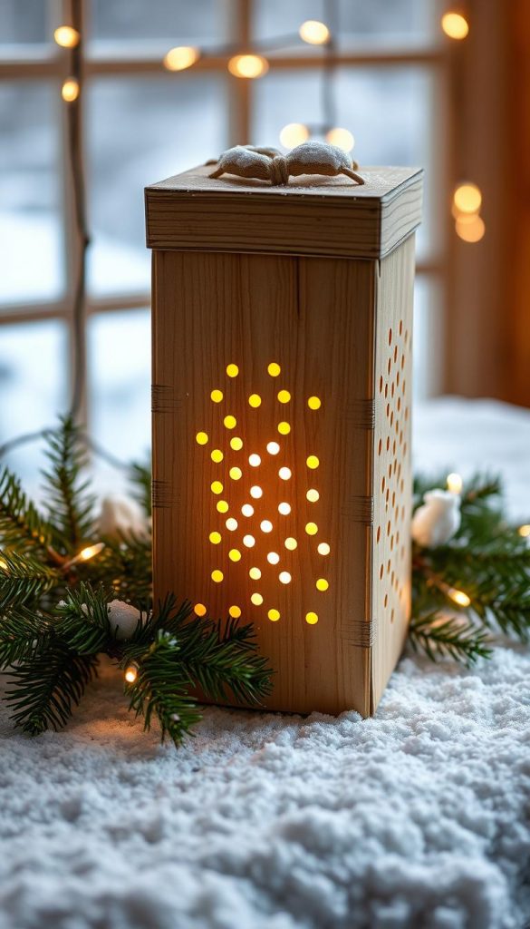 A rustic and charming cheese box lantern, crafted with care, stands aglow against a cozy winter backdrop. Soft, warm light filters through the perforated pattern, casting a gentle glow that evokes a sense of hygge and holiday cheer. The lantern's simple, natural design is complemented by a dusting of snow, adding to the wintery, Pinterest-inspired aesthetic. Placed amidst evergreen boughs and twinkling string lights, this homemade treasure exudes a captivating, handmade charm that elevates the holiday atmosphere. Capturing the essence of a DIY classic with an irresistible, on-trend appeal.