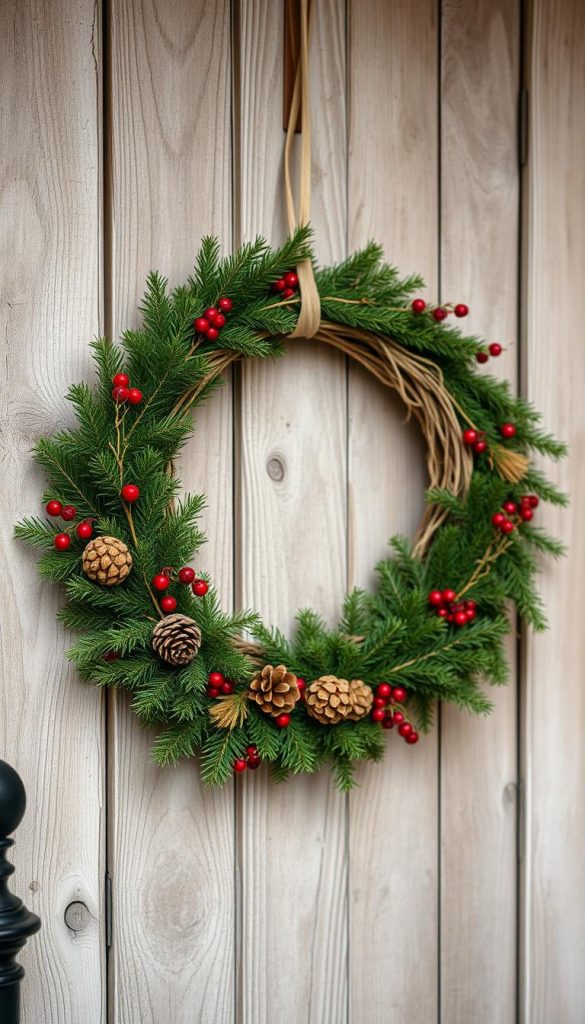 A rustic and charming türkranz hangs gracefully on a weathered wooden door, its natural materials and earthy tones creating a cozy, inviting atmosphere. Entwined with lush evergreen foliage, delicate pinecones, and hints of red berries, the wreath emanates the warmth and coziness of the winter season. Soft, ambient lighting casts a gentle glow, accentuating the handcrafted, artisanal quality of the piece. The composition is balanced and visually appealing, capturing the essence of a classic, yet contemporary Christmas entryway decor. The overall aesthetic is both Pinterest-worthy and authentically inviting, evoking a sense of hygge and holiday cheer. A rustic and charming türkranz hangs gracefully on a weathered wooden door, its natural materials and earthy tones creating a cozy, inviting atmosphere. Entwined with lush evergreen foliage, delicate pinecones, and hints of red berries, the wreath emanates the warmth and coziness of the winter season. Soft, ambient lighting casts a gentle glow, accentuating the handcrafted, artisanal quality of the piece. The composition is balanced and visually appealing, capturing the essence of a classic, yet contemporary Christmas entryway decor. The overall aesthetic is both Pinterest-worthy and authentically inviting, evoking a sense of hygge and holiday cheer.