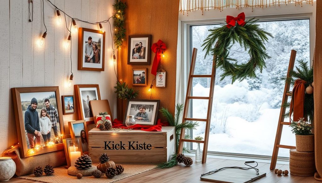 A rustic and cozy DIY "fotowand" with a winter theme, capturing the essence of a step-by-step tutorial. The scene features natural materials like beige and white textured walls, wooden accents, and a touch of red for a festive pop of color. In the foreground, an artfully arranged display of framed photos, fairy lights, and a handcrafted "KlickKiste" wooden crate, creating a charming and inviting atmosphere. The middle ground showcases simple DIY elements like pinecones, greenery, and a small ladder, while the background suggests a snowy, wintry scene through subtle hints of a frosted window or winter landscape. Soft, warm lighting illuminates the composition, evoking a sense of nostalgia and DIY spirit.