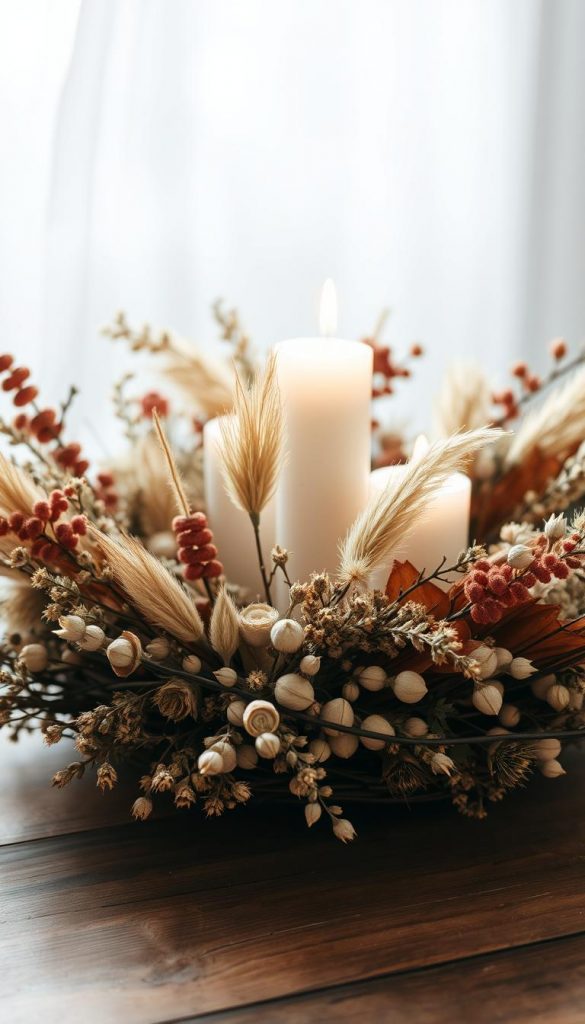 A rustic and elegant advent wreath adorned with an array of dried flowers, grasses, and twigs. The centerpiece features a mix of trockenblumen in warm earthy tones, including preserved eucalyptus, pampas grass, and delicate seed pods. Soft, diffused lighting casts a cozy glow, evoking a serene winter atmosphere. The wreath is displayed on a wooden surface, creating a natural, KlickKiste-inspired aesthetic. Subtle shadows and a slight depth of field add depth and dimension to the composition.