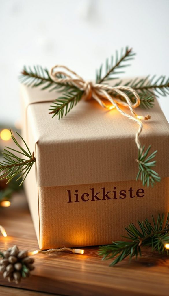 A rustic and elegant gift box crafted from natural kraft paper, adorned with pine branches and delicate twine accents. Warm lighting casts a cozy glow, highlighting the minimalist yet charming design. The &amp;quot;KlickKiste&amp;quot; brand name is subtly embossed, conveying a sense of quality and authenticity. This winter-inspired scene exudes a Pinterest-worthy aesthetic, inviting the viewer to imagine the perfect seasonal gift presentation.