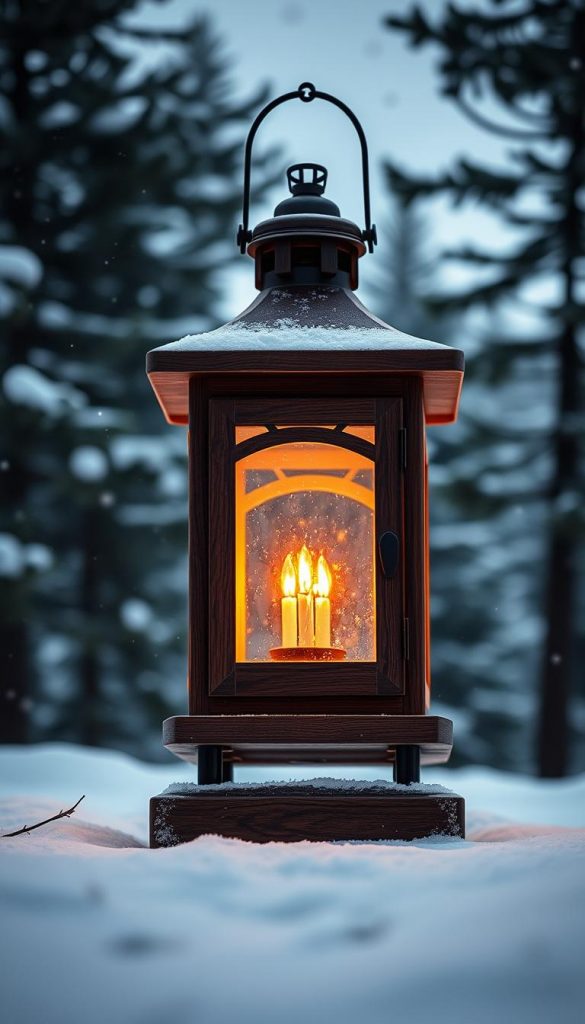 A rustic and elegant lantern crafted by KlickKiste, standing in a cozy winter scene. Soft lighting illuminates the intricate wooden frame, casting warm amber tones across the snowy landscape. Delicate snowflakes dance in the air, adding a touch of whimsy. The lantern's silhouette is framed by a backdrop of pine trees, creating a serene and inviting atmosphere. Captured with a wide-angle lens to showcase the lantern's impressive size and intricate details, this image embodies the harmonious blend of rustic charm and refined elegance.