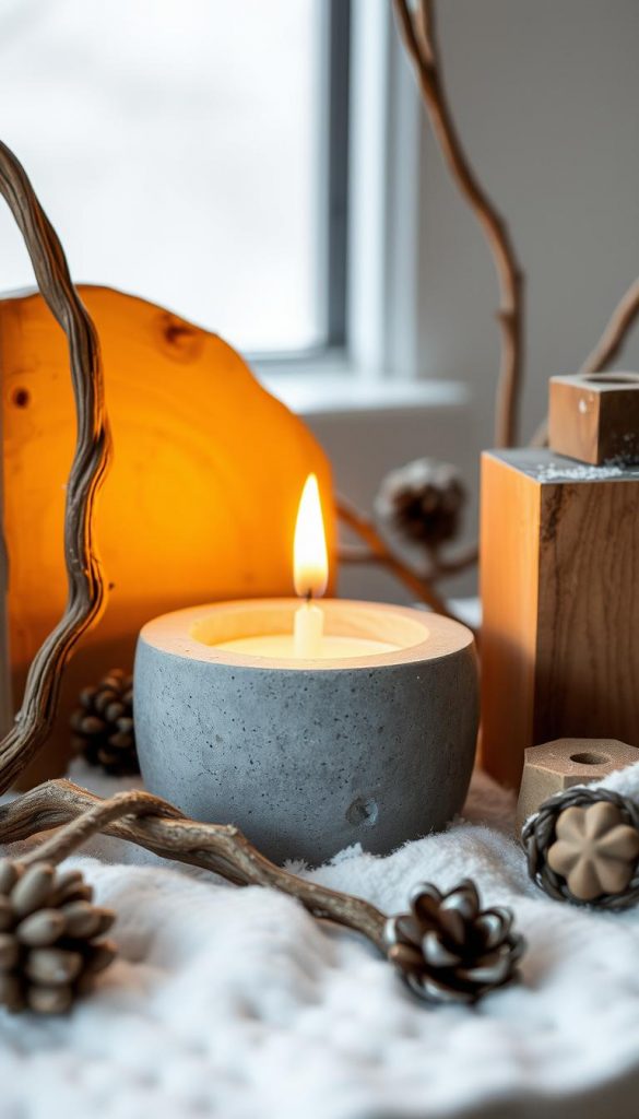 A rustic and inviting concrete candle holder nestled amidst a cozy winter scene. Warm wooden accents, such as a twisted branch or decorative block, complement the minimalist concrete design. Soft, diffused lighting casts a gentle glow, creating an atmospheric and hygge-inspired ambiance. The composition is balanced, with elements arranged in a visually pleasing manner. Earthy tones and natural textures evoke a sense of simplicity and organic charm, perfect for a sustainable, homemade holiday display.