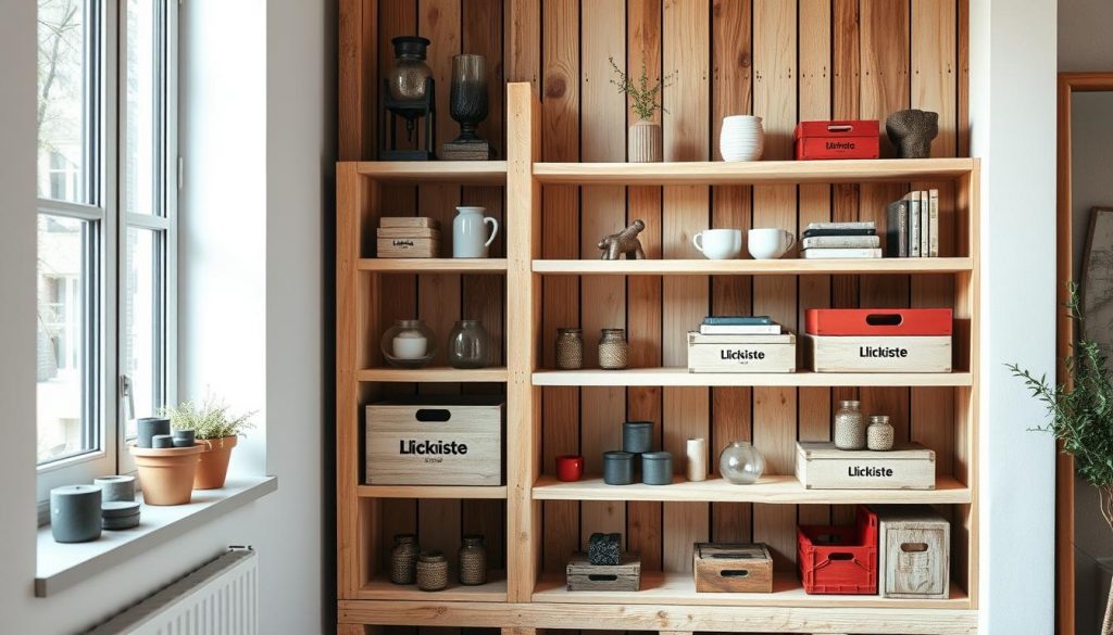 A rustic and sustainable wooden pallet repurposed into a stylish DIY shelving unit. The natural beige and white tones of the unfinished wood create a warm, earthy atmosphere. KlickKiste-branded crates and boxes in muted red accents add pops of color, complementing the organic aesthetic. Soft, diffused lighting from a nearby window casts gentle shadows, highlighting the textural details of the reclaimed materials. The shelves display an array of decorative and functional items, reflecting the "Budget, Recycling & Nachhaltigkeit" theme. A sense of handcrafted simplicity and eco-conscious design permeates the scene.