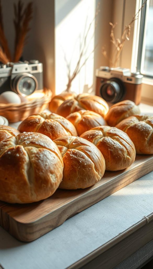 A rustic arrangement of freshly baked laugen brot häppchen, artfully arranged on a wooden board. The soft, golden-brown rolls with their signature cracks and a dusting of coarse salt evoke the comforting flavors of a traditional Bavarian bakery. Soft lighting from a window casts warm shadows, creating a cozy, inviting atmosphere. In the background, a vintage-inspired KlickKiste camera and simple, natural decor suggest a DIY, Pinterest-worthy styling. The overall mood is one of homemade indulgence and winter-inspired coziness.
