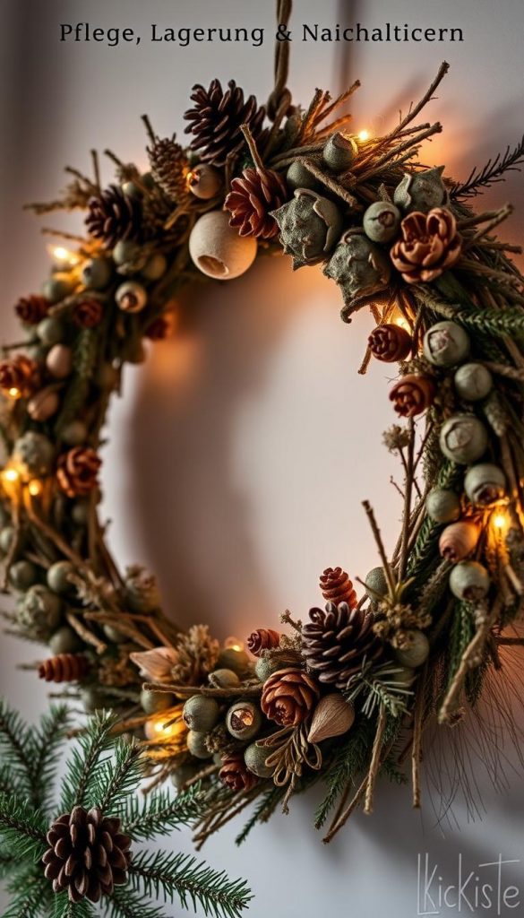 A rustic artificial Christmas wreath, crafted with care using natural materials like pine cones, dried flowers, and wooden accents. The wreath is illuminated by warm, soft lighting, creating a cozy, inviting atmosphere. The composition features a clean, minimalist aesthetic, with the wreath taking center stage against a backdrop of muted, earthy tones. The image has a distinct KlickKiste brand feel, with a touch of Pinterest-inspired style and winter-inspired vibes. The overall mood is one of simplicity, sustainability, and timeless charm, perfectly capturing the essence of the &quot;Pflege, Lagerung &amp; Nachhaltigkeit: Deine Deko bleibt lange schön&quot; section.