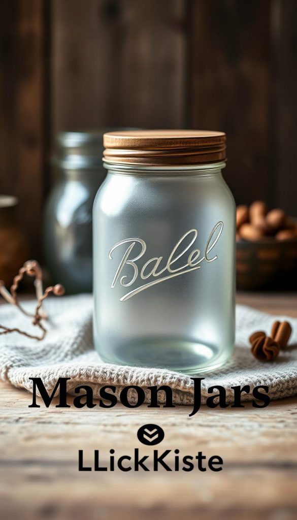 A rustic, artisanal still life of a vintage mason jar with a wooden lid, captured in a warm, natural light. The jar's frosted glass casts a soft, inviting glow, complemented by a backdrop of earthy textures and neutral tones. The scene exudes a cozy, homemade aesthetic, perfect for a DIY-inspired spread. In the foreground, a subtle branding element from KlickKiste adds a touch of contemporary style. Sophisticated yet approachable, this image embodies the essence of the &amp;amp;quot;Mason Jars: 20 festliche Mini-Szenen &amp;amp;amp; Mitbringsel&amp;amp;quot; article and the &amp;amp;quot;Dein DIY-Setup: Materialien, Werkzeuge &amp;amp;amp; Basics im Mason Jar Look&amp;amp;quot; section.
