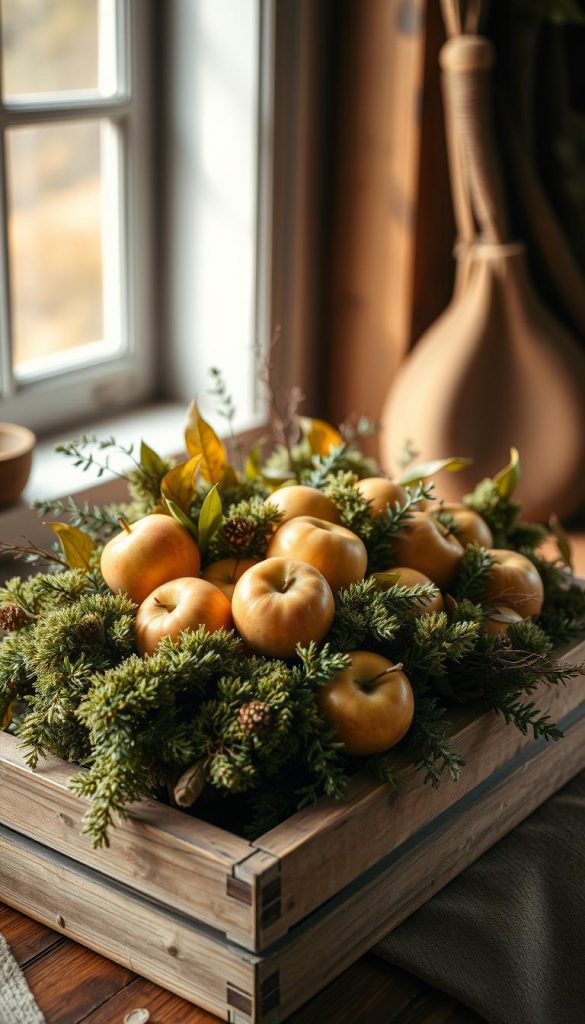 A rustic autumn still life featuring a wooden tray or crate filled with a bountiful arrangement of "moos äpfel" - lush, golden-hued apples nestled among plush, mossy greens. Soft, diffused natural lighting from a window casts a warm, earthy glow, highlighting the textural details of the foraged items. The composition is styled with thoughtful simplicity, allowing the beauty of the organic materials to take center stage. The overall mood is cozy, wholesome, and evocative of the harvest season, inviting the viewer to slow down and savor the simple pleasures of autumn. A true feast for the senses, this image would be a perfect complement to the "Herbstregal Dekoration Ideen" article section.