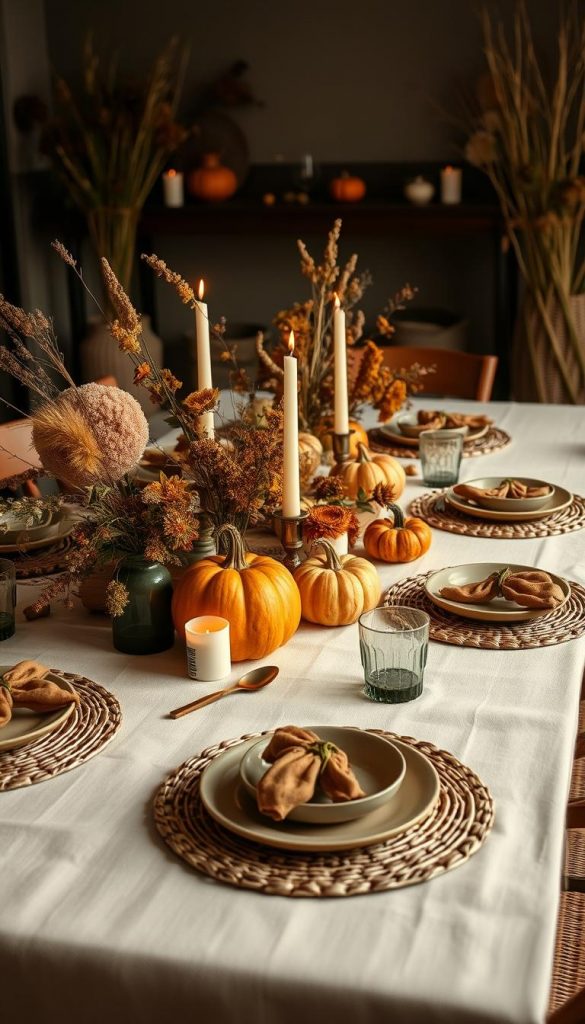 A rustic, bohemian table setting with a natural linen tablecloth, dried flower arrangements, and autumnal gourds. Soft, warm lighting from candles and an inviting ambiance. Layered textures create depth, with woven placemats, wooden chargers, and KlickKiste ceramics. Pops of burnt orange, ochre, and sage green complement the earthy tones. Captured from a low angle, highlighting the table's centerpiece and the cozy, intimate atmosphere. An elegant, Pinterest-worthy scene that embodies the "Boho Friendsgiving" theme. A rustic, bohemian table setting with a natural linen tablecloth, dried flower arrangements, and autumnal gourds. Soft, warm lighting from candles and an inviting ambiance. Layered textures create depth, with woven placemats, wooden chargers, and KlickKiste ceramics. Pops of burnt orange, ochre, and sage green complement the earthy tones. Captured from a low angle, highlighting the table's centerpiece and the cozy, intimate atmosphere. An elegant, Pinterest-worthy scene that embodies the "Boho Friendsgiving" theme.