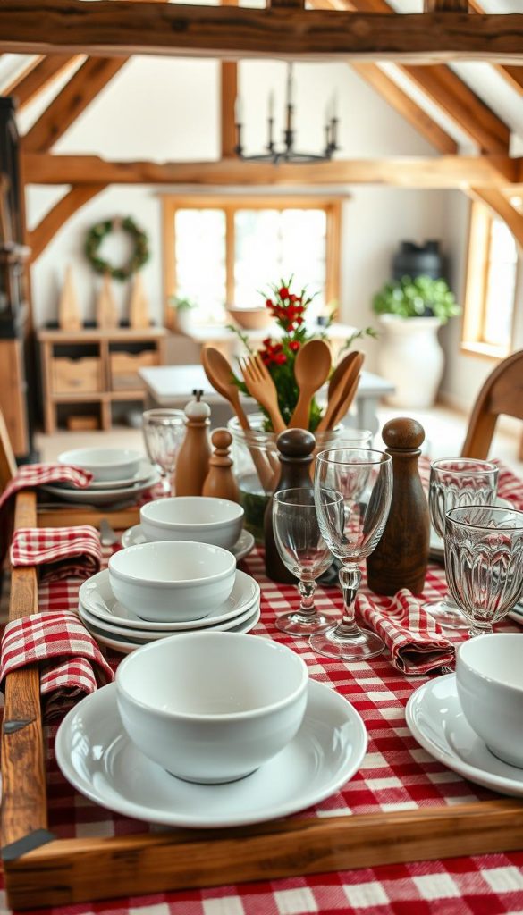 A rustic country-style table setting featuring a KlickKiste wooden tray with various tableware items. In the foreground, antique-style white ceramic plates and bowls sit atop a checkered red-and-white linen tablecloth. Beside them are vintage-look glass tumblers and wine glasses, complemented by coordinating red-and-white striped cloth napkins. The middle ground showcases an assortment of wooden utensils, salt and pepper shakers, and a small vase with seasonal floral accents. The background depicts a cozy, natural-lit interior with exposed wooden beams and a warm, inviting ambiance. The overall composition has a charming, homemade aesthetic, evoking a sense of winter comfort and Pinterest-worthy, DIY-inspired style.