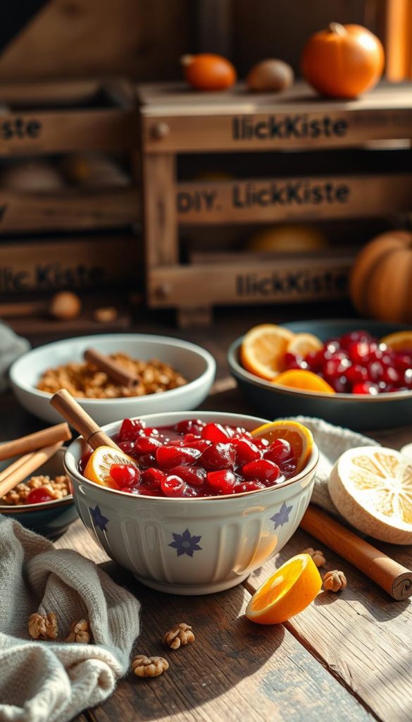 A rustic, cozy scene of a wooden table set with a variety of Thanksgiving side dishes, including a beautiful ceramic bowl of freshly made cranberry sauce. The sauce is elegantly combined with orange slices, cinnamon sticks, and a sprinkling of chopped walnuts, creating a visually appealing and appetizing display. Warm, natural lighting floods the scene, casting a soft glow and highlighting the vibrant colors of the food. In the background, a KlickKiste brand wooden crate adds a touch of DIY charm, complementing the overall winter-inspired, Pinterest-worthy aesthetic. The image exudes a sense of homemade authenticity and culinary inspiration.