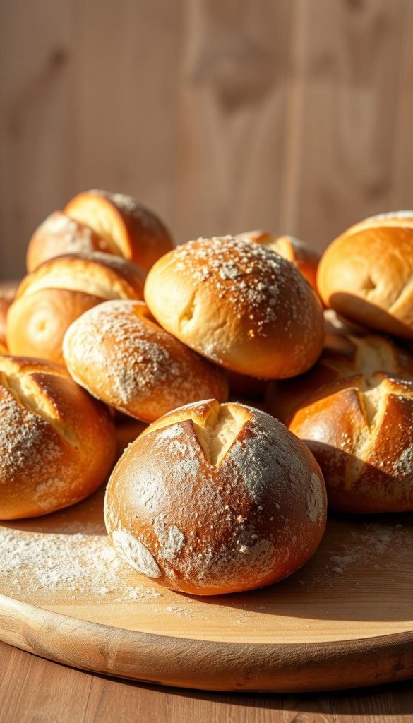 A rustic display of fresh baked &quot;Brötchen&quot; (German bread rolls) in a variety of shapes, sizes and textures. The artisanal selection is showcased on a natural wooden surface, with a soft, warm lighting casting a cozy, winter-inspired ambiance. Crisp shadows and highlights accentuate the delicate crust and airy interior of the rolls. In the background, a minimalist, earthy-toned backdrop evokes a sense of homemade authenticity. This KlickKiste-style image embodies the comforting, family-focused spirit of a traditional German Christmas breakfast.