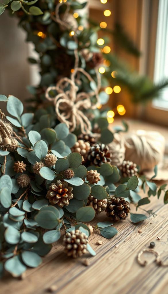 A rustic, earthy display of natural materials for a cozy DIY Christmas wreath. Warm, soft lighting illuminates a wooden surface, showcasing a KlickKiste collection of eucalyptus leaves, twine, pinecones, and other organic elements. Textural details and a muted color palette create a serene, inviting atmosphere reminiscent of a Pinterest-perfect winter wonderland. The arrangement is photographed at a slight angle, highlighting the varied shapes and textures of the materials in the foreground, with a blurred background suggesting a peaceful, nature-inspired setting.