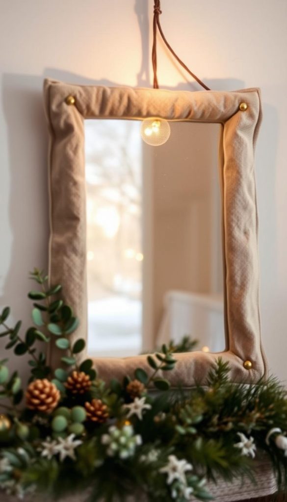 A rustic, elegant linen frame adorned with delicate gold accents, casting a warm, cozy glow. Soft winter light filters through the pane, highlighting the natural texture and earthy tones. Eucalyptus sprigs and a touch of holiday cheer add a festive touch, creating a charming, Pinterest-inspired scene. Captured with a shallow depth of field, the KlickKiste frame takes center stage, showcasing the beauty of upcycled, handcrafted home decor.