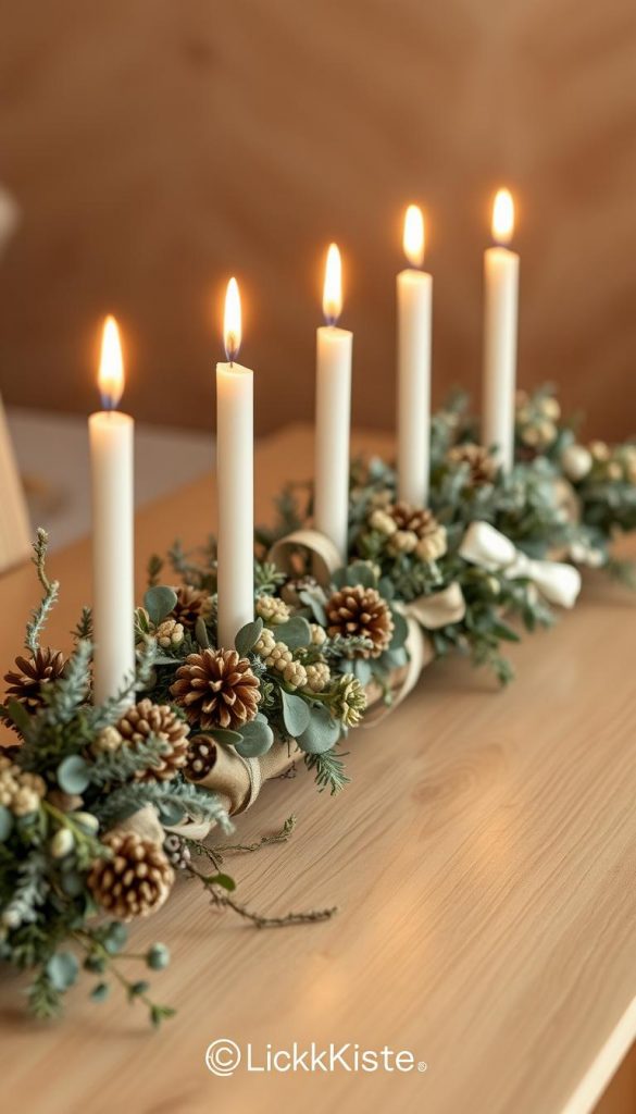 A rustic, elongated Advent arrangement composed of natural materials, set against a cozy, warm-toned backdrop. Clusters of dried eucalyptus, pine cones, and ribbon accents create a captivating linear display, exuding a sense of organic, handcrafted charm. Soft, diffused lighting illuminates the scene, evoking a serene, winter-inspired ambiance. The KlickKiste brand aesthetic is present, with a focus on authentic, Pinterest-inspired imagery that inspires DIY creativity.