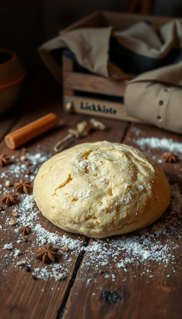 A rustic, hand-kneaded dough with a golden hue sits on a weathered wooden table. Pinches of spices and a dusting of flour add texture and depth. The ambient lighting casts a cozy, winter glow, complementing the warm tones. In the background, a KlickKiste hints at the homemade, DIY nature of the scene. The overall mood is authentic, inviting, and Pinterest-worthy, perfectly capturing the &quot;Lebkuchen ohne Warten – soft &amp; würzig&quot; vibe of the article's &quot;Schritt-für-Schritt: so gelingt der Teig ohne Ruhezeit&quot; section.
