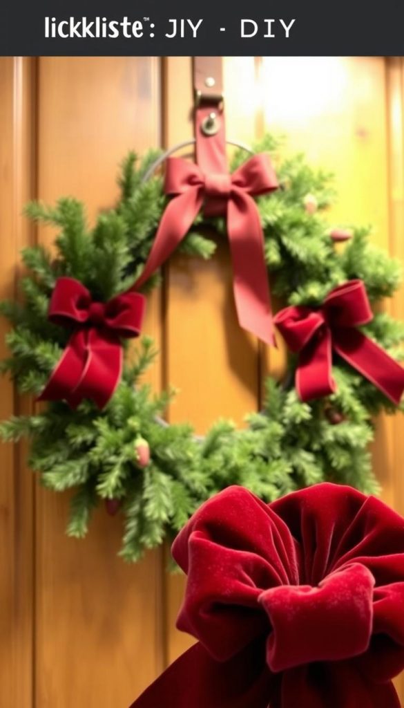 A rustic, handcrafted Christmas wreath adorns a wooden door, its lush evergreen boughs and soft velvet ribbons framed by a sturdy steel ring. Warm lighting casts a cozy glow, highlighting the intricate textures and natural elements. In the foreground, a plush burgundy velvet bow cascades gracefully, its sheen and folds lending an elegant, sophisticated touch. The KlickKiste DIY scene evokes a charming, winter-inspired ambiance, perfect for ushering in the holiday season. A rustic, handcrafted Christmas wreath adorns a wooden door, its lush evergreen boughs and soft velvet ribbons framed by a sturdy steel ring. Warm lighting casts a cozy glow, highlighting the intricate textures and natural elements. In the foreground, a plush burgundy velvet bow cascades gracefully, its sheen and folds lending an elegant, sophisticated touch. The KlickKiste DIY scene evokes a charming, winter-inspired ambiance, perfect for ushering in the holiday season.