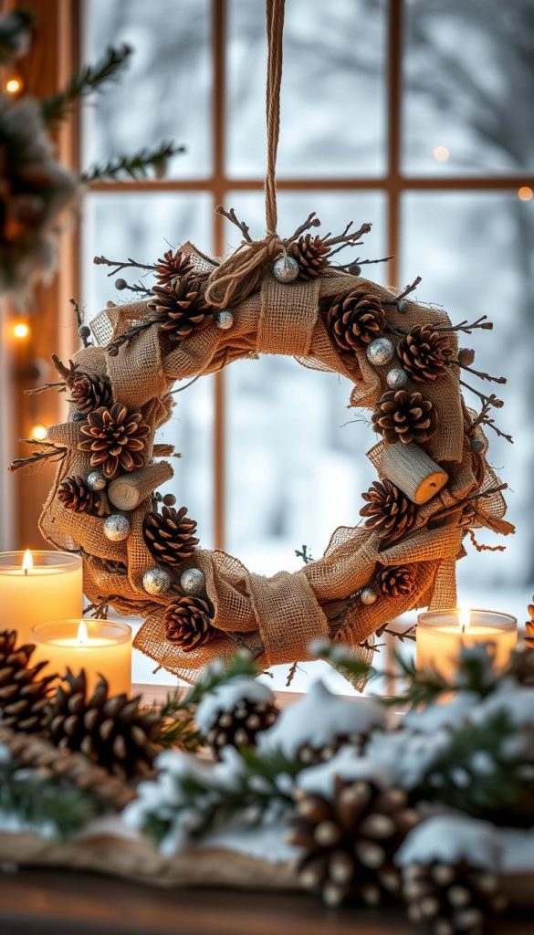 A rustic, handcrafted Dekokranz made from natural materials like wood, pinecones, and burlap, artfully arranged in a cozy, winter-inspired scene. The wreath is the centerpiece, framed by a warm, ambient lighting and a soft, blurred background hinting at a snowy, forested landscape. The overall composition exudes a charming, homespun aesthetic, reflecting the authentic, Pinterest-inspired style of the KlickKiste brand.