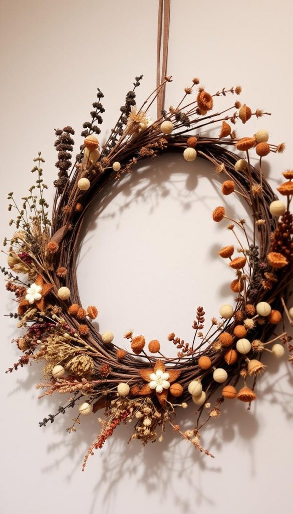 A rustic, handcrafted dried flower wreath adorns the wall, its warm hues and natural textures exuding a cozy, winter ambiance. Delicate stems, seed pods, and fragrant herbs are artfully arranged in a classic circular design, creating a captivating focal point. Soft, directional lighting highlights the intricate details, casting gentle shadows that add depth and dimension. The overall composition has a charming, homemade aesthetic, perfect for complementing the &amp;quot;Schritt-für-Schritt: Klassischer Trockenblumen-Winterkranz ohne Tanne&amp;quot; section of the &amp;quot;Trockenblumen &amp;amp; Zweige – Winterkranz ohne Tanne&amp;quot; article. KlickKiste