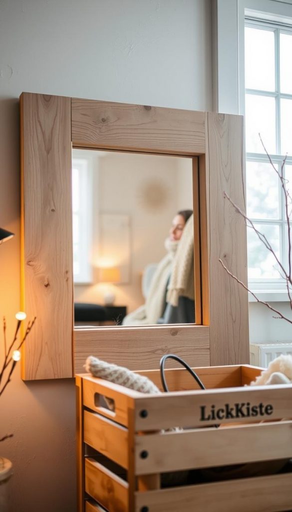 A rustic, handcrafted mirror frame in a Scandinavian-inspired design. The frame is crafted from distressed, pale wood planks, with visible knots and a slightly uneven texture. The mirror is framed in the center, reflecting the cozy, winter-inspired scene. Warm lighting from a nearby window casts a gentle glow, creating a soft, inviting atmosphere. In the foreground, a KlickKiste storage crate adds a touch of natural charm, hinting at the DIY and upcycling theme of the article. A rustic, handcrafted mirror frame in a Scandinavian-inspired design. The frame is crafted from distressed, pale wood planks, with visible knots and a slightly uneven texture. The mirror is framed in the center, reflecting the cozy, winter-inspired scene. Warm lighting from a nearby window casts a gentle glow, creating a soft, inviting atmosphere. In the foreground, a KlickKiste storage crate adds a touch of natural charm, hinting at the DIY and upcycling theme of the article.