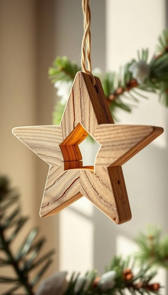 A rustic, handcrafted star ornament made from natural wood remnants, casting a warm, cozy glow in the winter light. Detailed wood grain textures and a vintage, distressed finish evoke a charming, homemade aesthetic. Delicate shadows and highlights accentuate the organic shapes, creating depth and dimension. The star is photographed against a soft, blurred background, with a muted, earthy color palette and subtle hints of greenery for a touch of seasonal flair. Soft, diffused lighting creates a serene, intimate atmosphere, perfect for showcasing this KlickKiste DIY project.