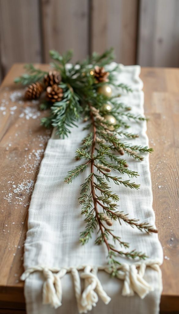 A rustic, handcrafted table runner cascades across a weathered wooden surface, its tannenzweige (fir tree branches) radiating a warm, natural glow. Soft, diffused lighting highlights the delicate textures and earthy tones, creating a cozy, inviting atmosphere. In the background, hints of pine needles and pine cones add depth and dimension, while a dusting of snow adds a touch of winter enchantment. The overall scene exudes a sense of homemade charm and effortless elegance, perfectly capturing the essence of a DIY nature-inspired tablescape.
