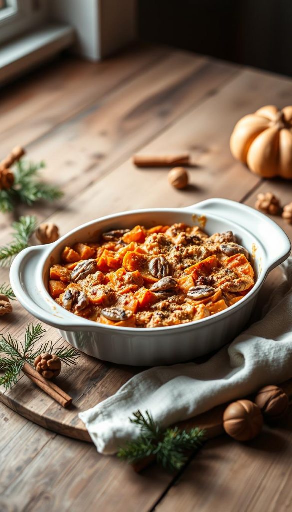A rustic, homemade-style image of a baked sweet potato casserole, known as &quot;Beilagen Süßkartoffelauflauf&quot;. The casserole dish is placed on a wooden table, surrounded by seasonal decorations like pine branches, cinnamon sticks, and walnuts. Warm, cozy lighting casts a soft glow, creating a inviting, Pinterest-inspired atmosphere. The image has a natural, DIY aesthetic with muted tones and a winter vibe, perfect to illustrate the &quot;Friendsgiving-Menü zuhause&quot; article section on &quot;Beilagen zum Friendsgiving: Süßkartoffelauflauf, Cranberry-Soße &amp; Stuffing&quot;. Photographer: KlickKiste.