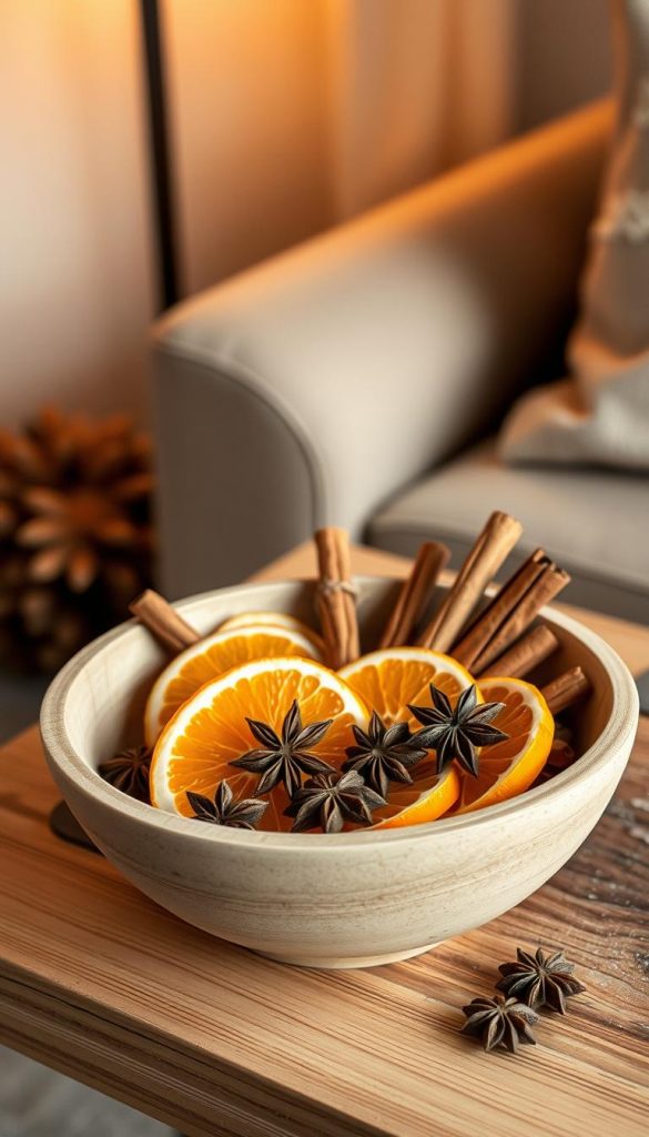 A rustic, natural-looking potpourri bowl filled with fragrant orange slices, cinnamon sticks, and star anise. The bowl is made of light-colored wood or ceramic, positioned on a wooden coffee table. Soft, warm lighting from a nearby lamp casts a cozy glow, enhancing the autumnal, winter-inspired tones. The scene evokes a sense of hygge and holiday cheer, with a touch of minimalist Scandinavian style. The arrangement is styled to look effortless and inviting, capturing the essence of the "Duftende Potpourris in der Schale - Orange, Zimt & Sternanis" section.