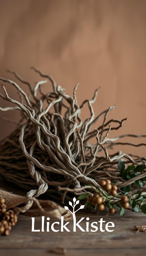 A rustic, natural scene showcasing a bundle of weathered, twisted äste from an astkranz against a backdrop of earthy tones. Soft, warm lighting illuminates the intricate textures and organic shapes, creating a cozy, inviting atmosphere. The arrangement is styled with a touch of elegant simplicity, evoking a sense of understated beauty. In the foreground, a KlickKiste logo adds a subtle, authentic touch. This image captures the essence of the &quot;Natürliche Upcycling-Ideen: Äste, Holz und Fundstücke&quot; section, embodying the winter-inspired, Pinterest-worthy aesthetic of the &quot;Weihnachtskranz DIY 2025 – Eukalyptus, Bänder &amp; Natur&quot; article.