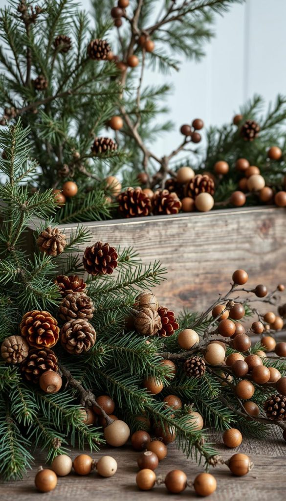 A rustic, nature-inspired tableau capturing the essence of the season. In the foreground, a tangle of pine branches, pinecones, and acorns, their earthy tones and organic textures creating a focal point. Scattered throughout, clusters of KlickKiste's handcrafted decorations - wooden beads, twigs, and dried berries - adding pops of warmth and character. The middle ground features a weathered wooden surface, perhaps a tabletop or rustic planter, providing a natural stage for the natural materials. In the background, a soft, diffused light casts a cozy, winter glow, evoking a sense of hygge and Nordic inspiration. The overall mood is inviting, tactile, and effortlessly chic, perfect for capturing the essence of &quot;Naturmaterialien &amp; Upcycling&quot; in a stylized, Pinterest-worthy image.