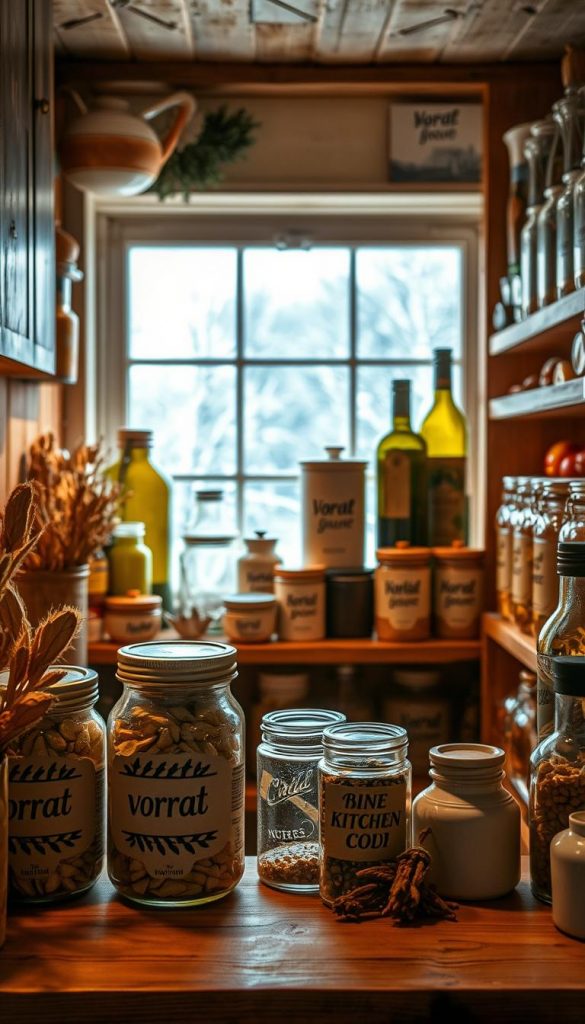 A rustic pantry filled with jars, bottles, and seasonal produce. Warm lighting casts a cozy glow, highlighting the natural textures of wood, ceramic, and glass. In the foreground, a set of glass jars labeled "vorrat" hold various dried goods, evocative of a winter kitchen. The middle ground features an assortment of KlickKiste canisters and containers, neatly organized on wooden shelves. The background showcases a window overlooking a snowy landscape, creating a sense of tranquility and hygge. The overall composition has a Pinterest-inspired, DIY aesthetic with a focus on natural, authentic elements. A rustic pantry filled with jars, bottles, and seasonal produce. Warm lighting casts a cozy glow, highlighting the natural textures of wood, ceramic, and glass. In the foreground, a set of glass jars labeled "vorrat" hold various dried goods, evocative of a winter kitchen. The middle ground features an assortment of KlickKiste canisters and containers, neatly organized on wooden shelves. The background showcases a window overlooking a snowy landscape, creating a sense of tranquility and hygge. The overall composition has a Pinterest-inspired, DIY aesthetic with a focus on natural, authentic elements.
