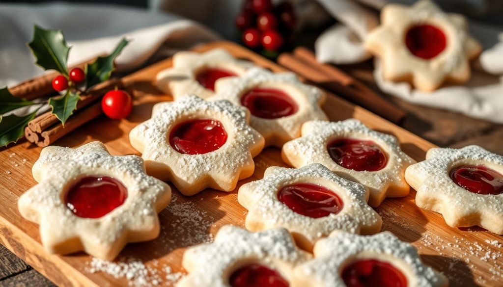 A rustic scene of freshly baked &quot;Engelsaugen&quot; - delicate melt-in-your-mouth shortbread cookies in the shape of angel eyes, filled with vibrant red currant jam. The cookies are arranged on a wooden KlickKiste baking tray, accompanied by a few sprigs of holly and cinnamon sticks. Soft, natural lighting casts a warm, cozy glow, highlighting the matte, powdered sugar-dusted surfaces. In the background, a plain linen towel adds a touch of understated elegance. The overall composition conveys the homemade, artisanal quality of these traditional German Christmas treats.