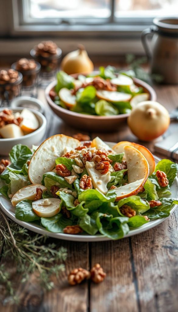 A rustic, seasonal salad scene featuring a mouthwatering Rosenkohlsalat (Brussels sprout salad) with sliced pears, candied walnuts, and a creamy dressing. The salad is artfully arranged on a wooden table, with a cozy winter atmosphere. Soft, natural lighting casts a warm glow, and the composition has a charming, handmade KlickKiste aesthetic. The salad appears fresh, vibrant, and inviting, perfectly capturing the "Vorspeise mit Knack und Schmelz" theme. A rustic, seasonal salad scene featuring a mouthwatering Rosenkohlsalat (Brussels sprout salad) with sliced pears, candied walnuts, and a creamy dressing. The salad is artfully arranged on a wooden table, with a cozy winter atmosphere. Soft, natural lighting casts a warm glow, and the composition has a charming, handmade KlickKiste aesthetic. The salad appears fresh, vibrant, and inviting, perfectly capturing the "Vorspeise mit Knack und Schmelz" theme.
