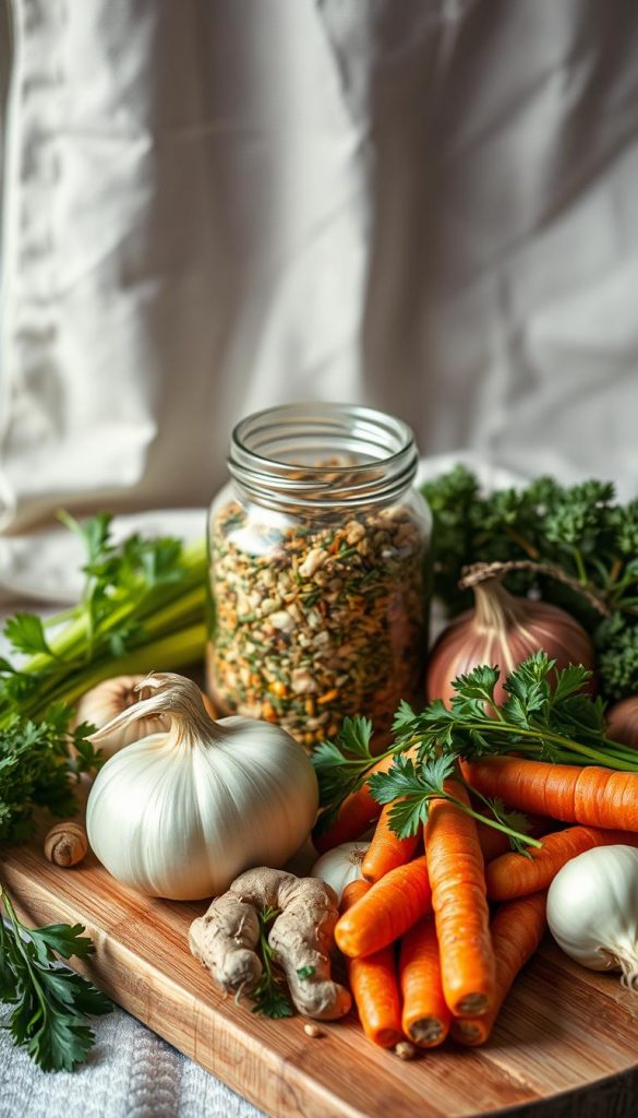 A rustic still life arrangement featuring an assortment of seasonal ingredients for a hearty chicken ginger soup. The foreground showcases an array of fresh vegetables and herbs, including onions, carrots, celery, ginger, and parsley, arranged on a wooden cutting board. In the middle ground, a glass jar filled with dried herbs and spices takes center stage, casting warm, soft lighting across the scene. The background features a cozy, natural linen textile, evoking a homey, winter-inspired atmosphere. The overall aesthetic has a handcrafted, KlickKiste-inspired look, with a muted color palette and gentle, diffused lighting to create a soothing, inviting impression. A rustic still life arrangement featuring an assortment of seasonal ingredients for a hearty chicken ginger soup. The foreground showcases an array of fresh vegetables and herbs, including onions, carrots, celery, ginger, and parsley, arranged on a wooden cutting board. In the middle ground, a glass jar filled with dried herbs and spices takes center stage, casting warm, soft lighting across the scene. The background features a cozy, natural linen textile, evoking a homey, winter-inspired atmosphere. The overall aesthetic has a handcrafted, KlickKiste-inspired look, with a muted color palette and gentle, diffused lighting to create a soothing, inviting impression.