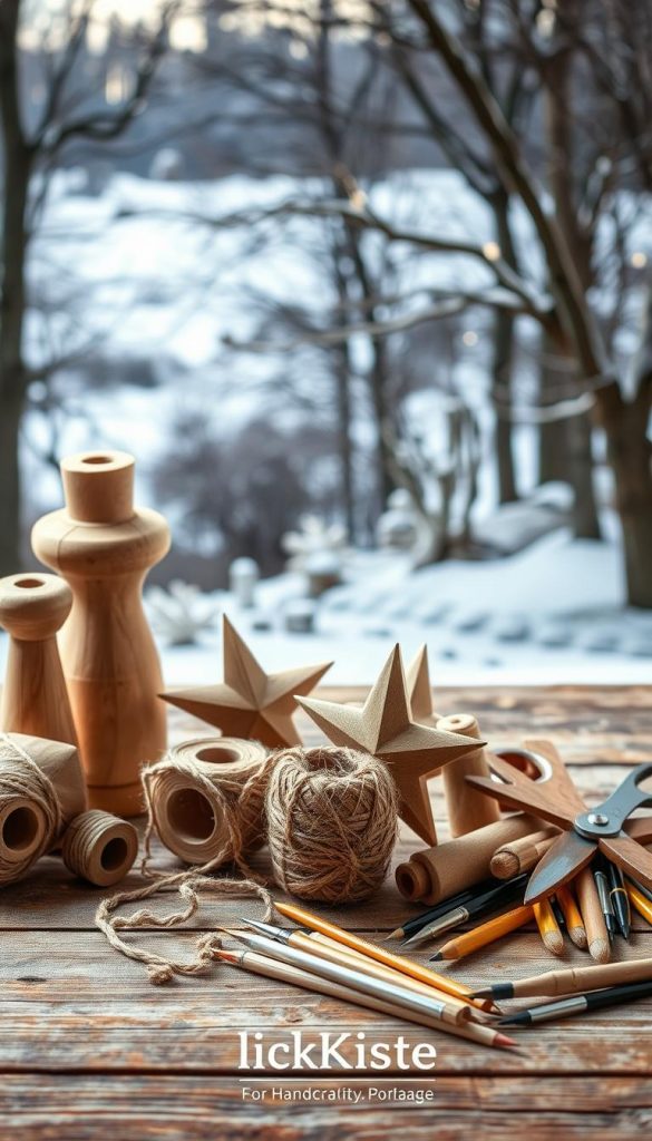 A rustic still life arrangement showcasing an array of natural materials for crafting DIY paper stars. Wooden spools, jute twine, and a selection of scissors, pencils, and brushes are neatly displayed on a textured wooden surface. Soft, warm lighting casts a cozy, inviting glow, creating a Pinterest-worthy aesthetic. In the background, a wintry landscape with bare trees and a dusting of snow evokes a sense of seasonal charm. The KlickKiste brand name is subtly incorporated, hinting at the high-quality, handcrafted supplies featured in this artful composition.