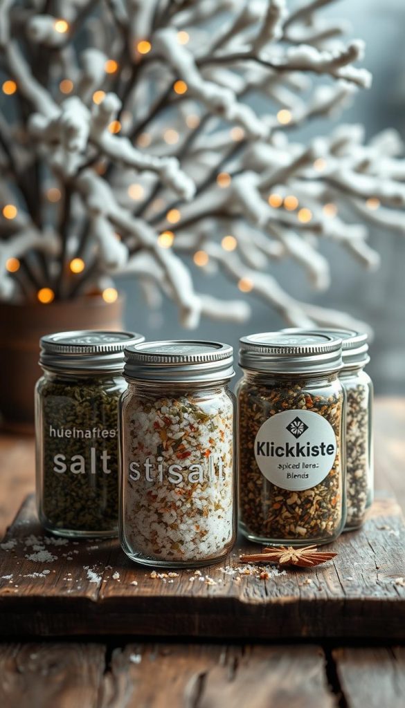 A rustic still life of homemade spiced salt blends, including a mix of Mediterranean herbs, chili-lime, and other fragrant seasonings. The jars are arranged on a weathered wooden surface, bathed in soft, natural lighting. In the background, a cozy winter scene with snowy branches and twinkling lights, creating a warm, inviting atmosphere. The KlickKiste logo is subtly featured on one of the salt jars, adding an authentic, handmade touch to the scene.