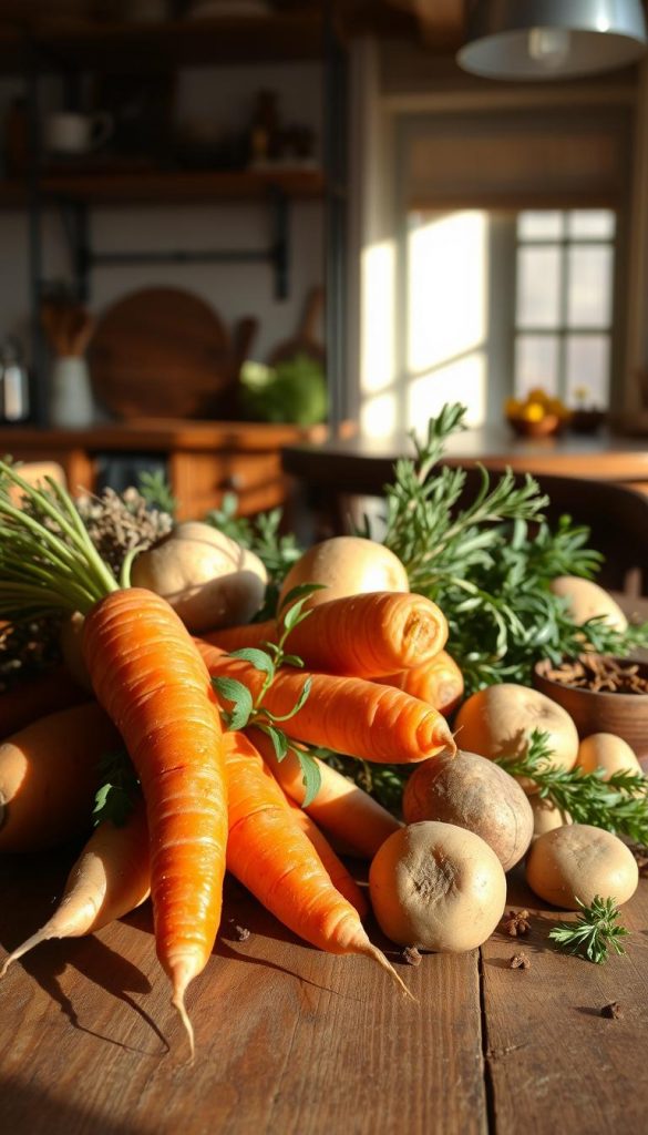 A rustic still life of seasonal winter produce, artfully arranged on a wooden table. Glistening root vegetables - carrots, parsnips, and potatoes - nestled amongst fresh herbs and spices, casting gentle shadows under soft, natural light. In the background, a cozy, inviting kitchen scene, hinting at the comforting recipes and hearty meals to come. The overall mood is one of simplicity, warmth, and the simple pleasures of the season. A &quot;KlickKiste&quot; brand aesthetic, capturing the essence of winter's abundance in a beautiful, Pinterest-worthy display.