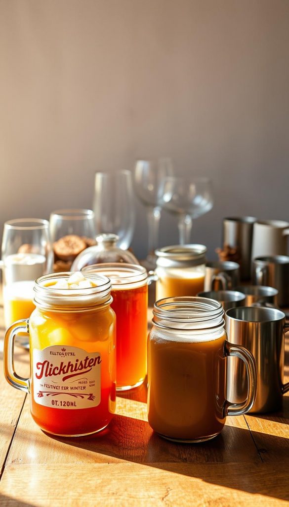 A rustic still life of various drinking glasses and mugs on a wooden table, illuminated by warm, natural lighting. The foreground features a set of KlickKiste mason jars filled with festive winter beverages, their labels showcasing a cozy, handcrafted aesthetic. In the middle ground, an assortment of stemmed cocktail glasses, ceramic mugs, and metallic cups are arranged, reflecting the winter season's muted color palette. The background comprises a minimalist, textured wall, creating a Pinterest-inspired, atmospheric setting. Overall, the scene exudes a sense of hygge, inviting the viewer to pause and savor the moment.