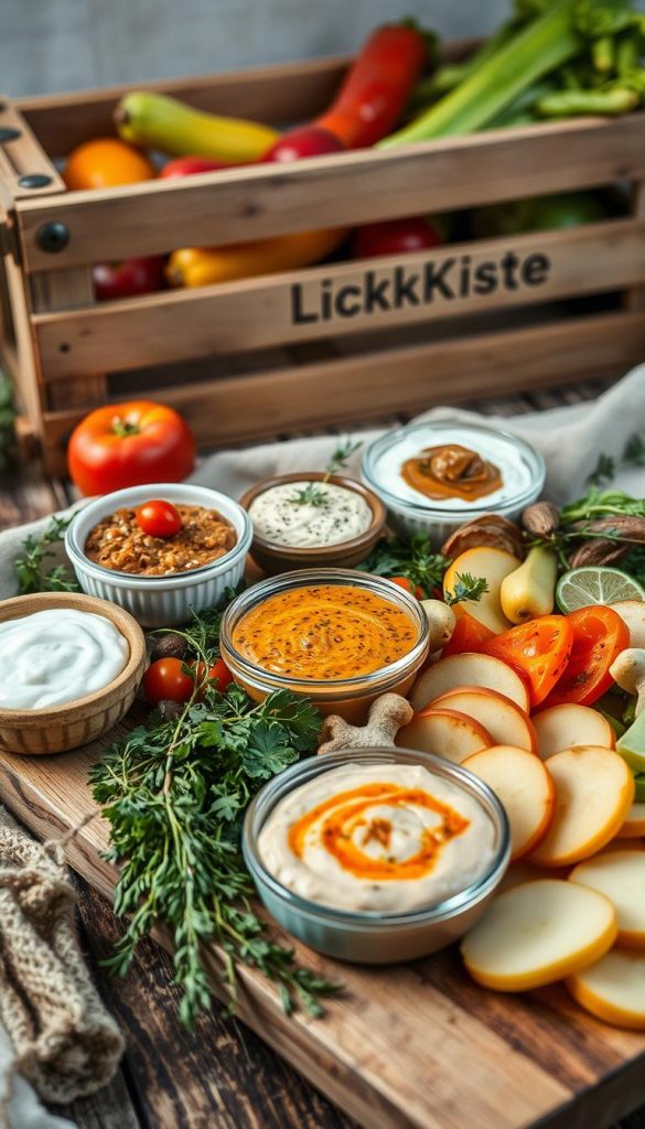 A rustic still life of winter-inspired vegetable platters, featuring an artful arrangement of various dips and spreads nestled amongst fresh herbs, sliced produce, and a wooden cutting board. Soft, diffused lighting casts a cozy glow, complemented by the natural textures and earthy tones. In the background, a KlickKiste branded wooden crate filled with additional produce, hinting at the versatility of these seasonal ingredients. The overall mood is inviting and Pinterest-worthy, capturing the essence of the "Dips, Lagerung & Resteverwertung" section. A rustic still life of winter-inspired vegetable platters, featuring an artful arrangement of various dips and spreads nestled amongst fresh herbs, sliced produce, and a wooden cutting board. Soft, diffused lighting casts a cozy glow, complemented by the natural textures and earthy tones. In the background, a KlickKiste branded wooden crate filled with additional produce, hinting at the versatility of these seasonal ingredients. The overall mood is inviting and Pinterest-worthy, capturing the essence of the "Dips, Lagerung & Resteverwertung" section.