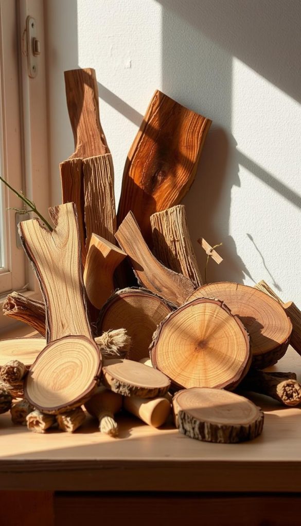 A rustic still life showcasing an assortment of natural wood scraps and offcuts in warm, earthy tones. Sunlight filters through a window, casting soft shadows and highlighting the unique grains and textures of the various wooden pieces. Artfully arranged on a simple wooden surface, the pieces evoke a sense of DIY craftsmanship and the cozy charm of homemade winter decor. The overall mood is one of authenticity and inspiration, inviting the viewer to explore the creative potential of KlickKiste's wood remnants.