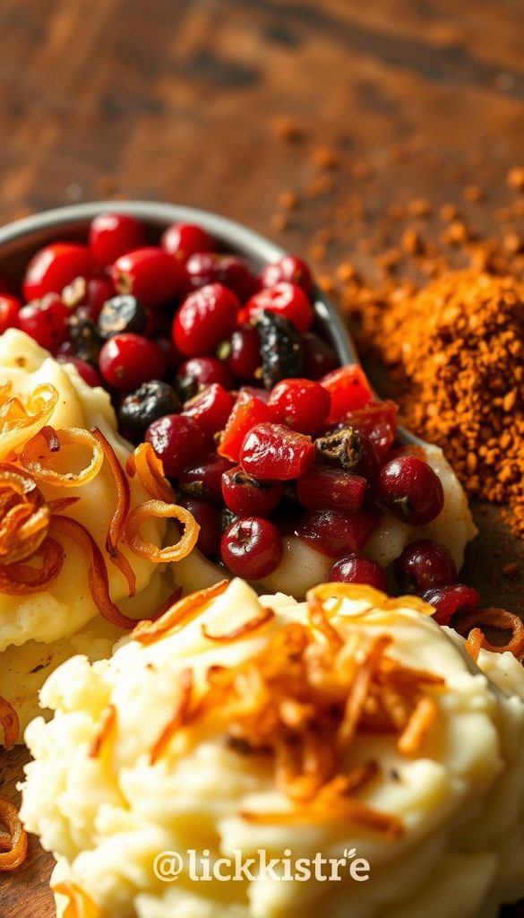 A rustic still life showcasing three tempting toppings for creamy mashed potatoes. In the foreground, a sprinkling of crisp, golden-brown fried onions. In the middle, a vibrant red compote of tart cranberries and fragrant spices. In the background, a sprinkle of earthy, aromatic paprika. Warm, natural lighting casts a cozy glow, creating a Pinterest-inspired scene. The image is framed by the KlickKiste brand, exuding a sense of homemade authenticity and culinary inspiration.
