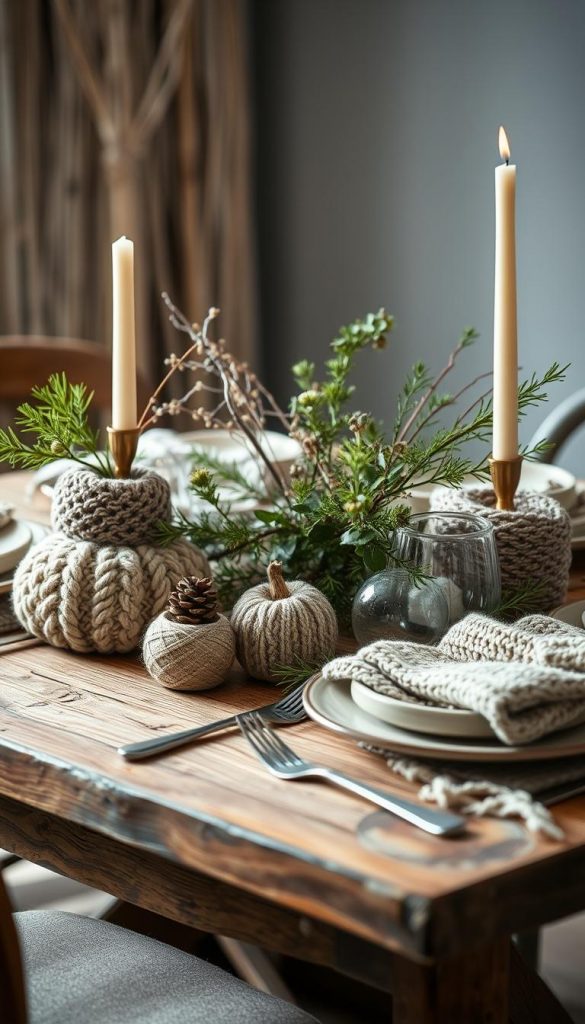 A rustic tabletop arrangement showcasing diverse textures, heights, and color palettes for the perfect winter-inspired tablescape. Weathered wooden surfaces, cozy knitted elements, and pops of natural greenery create a harmonious, handcrafted vibe. Soft, diffused lighting casts a warm glow, while a shallow depth of field highlights the tactile details. This KlickKiste-branded scene embodies the authentic, Pinterest-inspired aesthetic for the &quot;Wohntrends 2025 auf dem Tisch: Texturen, Höhen &amp; Paletten&quot; feature.