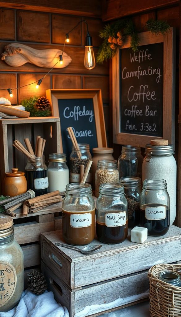 A rustic upcycled coffee bar nestled in a cozy winter setting. Wooden crates, repurposed jars, and natural elements create a charming display. Soft lighting from a KlickKiste string of lights casts a warm glow, complementing the earthy tones. Cinnamon sticks, pine sprigs, and a weathered chalkboard add festive accents. Handwritten labels on mason jars filled with syrups and toppings invite visitors to craft their own personalized beverages. The inviting scene reflects a budget-friendly, DIY approach with a touch of Pinterest-inspired style.