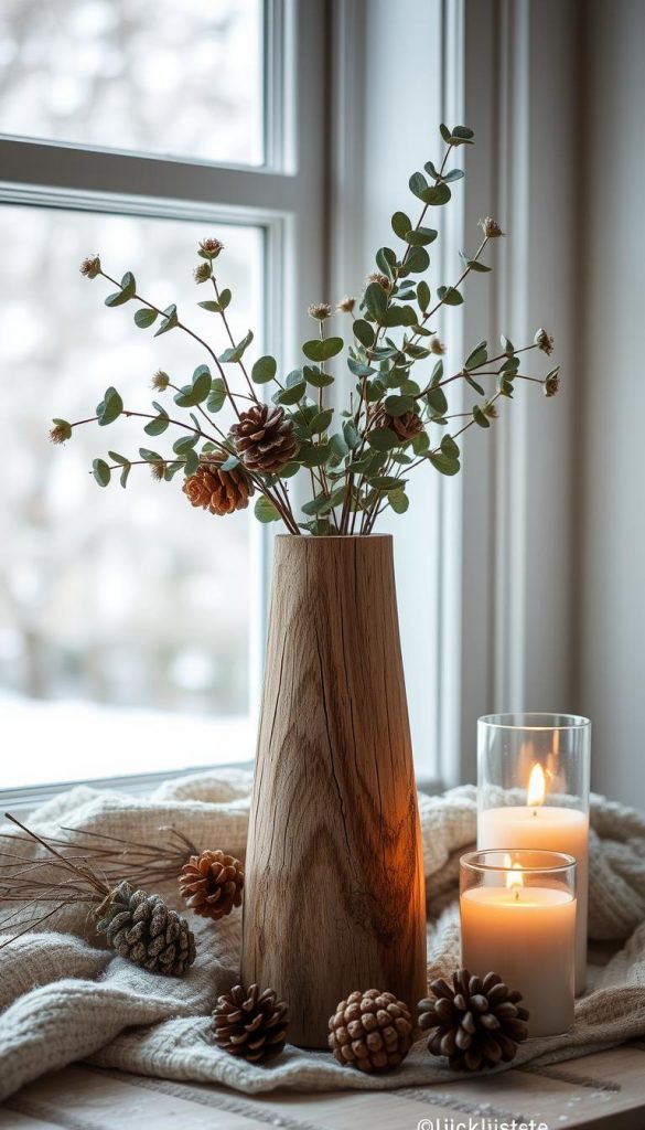 A rustic vase made of weathered wood, standing tall amidst a cozy winter scene. Dried eucalyptus sprigs and pine cones spill from its mouth, complemented by the warm glow of a KlickKiste candle nearby. Soft natural light filters through a window, casting a gentle, inviting atmosphere. The textured, earthy tones create a calming, homespun feel, perfect for this &quot;Natürlichkeit pur&quot; display.