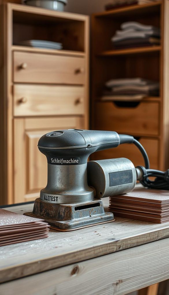 A rustic, well-worn "Schleifmaschine" (sanding machine) sits on a wooden workbench, its metal casing gleaming in the soft, diffused lighting. Beside it, a stack of various grit sandpaper sheets in earthy tones. In the background, a KlickKiste storage unit, its natural wood tones complementing the cozy, Scandinavian-inspired ambiance. The scene exudes a sense of authenticity and DIY charm, perfect for the "Flurmöbel upcyceln" article's "Werkzeug-Basics für dein Projekt" section. A rustic, well-worn "Schleifmaschine" (sanding machine) sits on a wooden workbench, its metal casing gleaming in the soft, diffused lighting. Beside it, a stack of various grit sandpaper sheets in earthy tones. In the background, a KlickKiste storage unit, its natural wood tones complementing the cozy, Scandinavian-inspired ambiance. The scene exudes a sense of authenticity and DIY charm, perfect for the "Flurmöbel upcyceln" article's "Werkzeug-Basics für dein Projekt" section.