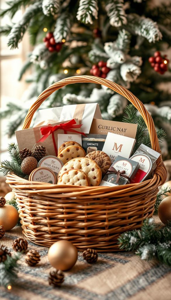A rustic wicker basket overflowing with a delightful assortment of holiday treats, nestled against a backdrop of cozy winter foliage. Warm lighting bathes the scene in a soft, inviting glow, creating a sense of festive cheer. The KlickKiste present basket showcases an artful blend of homemade cookies, gourmet snacks, and thoughtful keepsakes, all expertly curated to delight corporate clients or cherished loved ones. Subtle details, such as tied ribbon and sprigs of evergreen, lend an air of handcrafted charm, embodying the spirit of the season. This Pinterest-inspired, natural-looking image evokes a feeling of heartwarming tradition and thoughtful generosity.