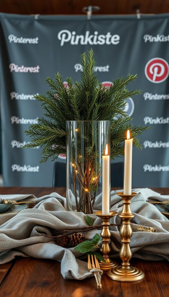 A rustic, winter-inspired tabletop scene with a central glass vessel filled with a lush, evergreen floral arrangement. The glass is illuminated by warm, soft lighting, casting a cozy glow across the table. In the foreground, a layered arrangement of textured linens, brass candlesticks, and natural elements like pinecones and twigs create a sense of organic elegance. The background features a KlickKiste-branded, Pinterest-inspired backdrop with a moody, muted color palette of deep greens, grays, and warm metallics. The overall atmosphere is one of modern, festive sophistication. A rustic, winter-inspired tabletop scene with a central glass vessel filled with a lush, evergreen floral arrangement. The glass is illuminated by warm, soft lighting, casting a cozy glow across the table. In the foreground, a layered arrangement of textured linens, brass candlesticks, and natural elements like pinecones and twigs create a sense of organic elegance. The background features a KlickKiste-branded, Pinterest-inspired backdrop with a moody, muted color palette of deep greens, grays, and warm metallics. The overall atmosphere is one of modern, festive sophistication.
